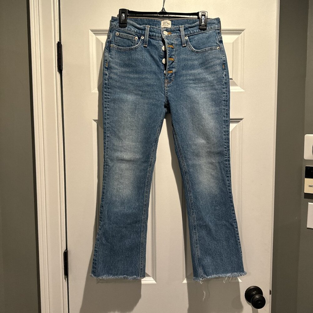 J Crew button fly cropped blue jeans with frayed ends